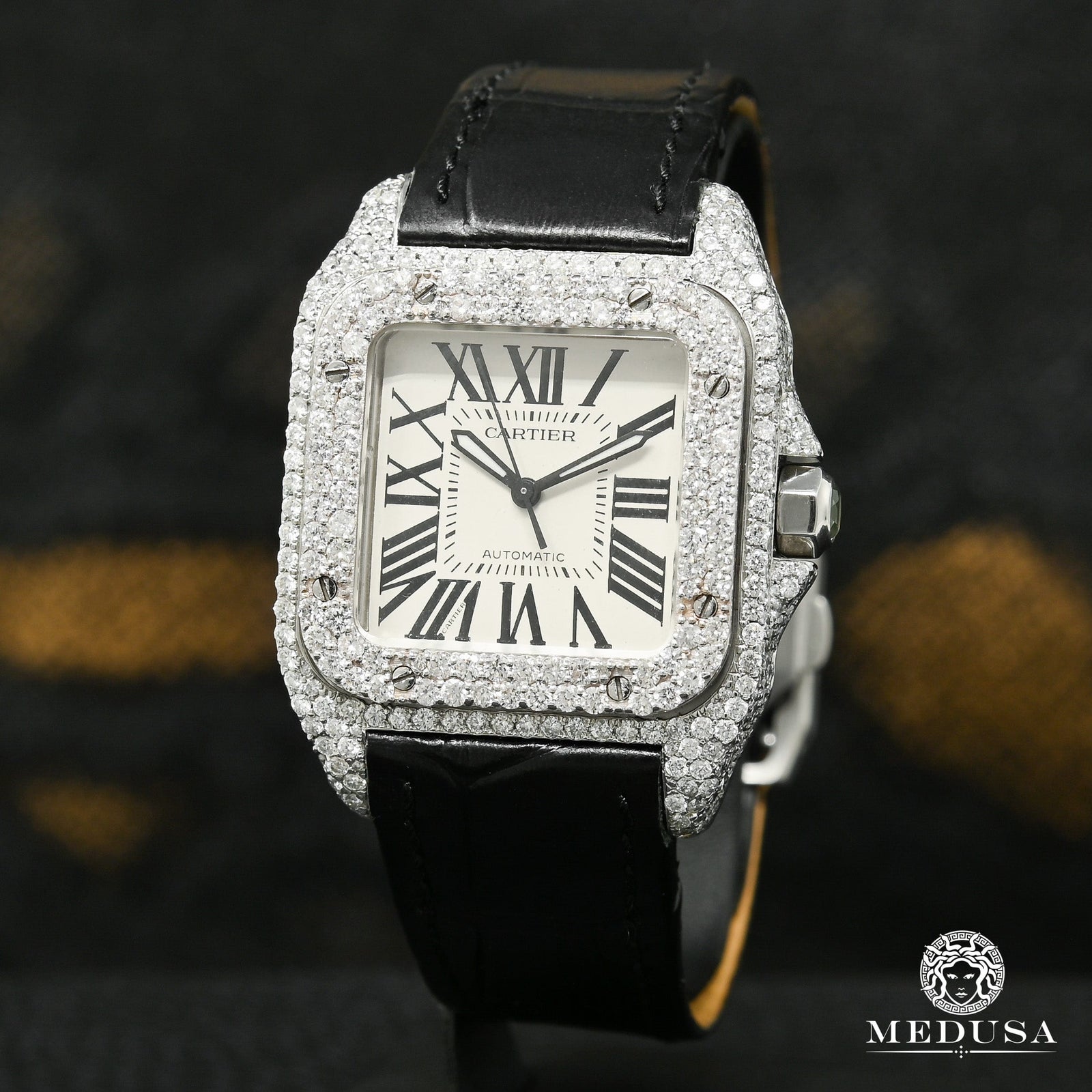 Montre Cartier | Montre Homme 35mm Cartier Santos 100 Iced - Black Leather Stainless