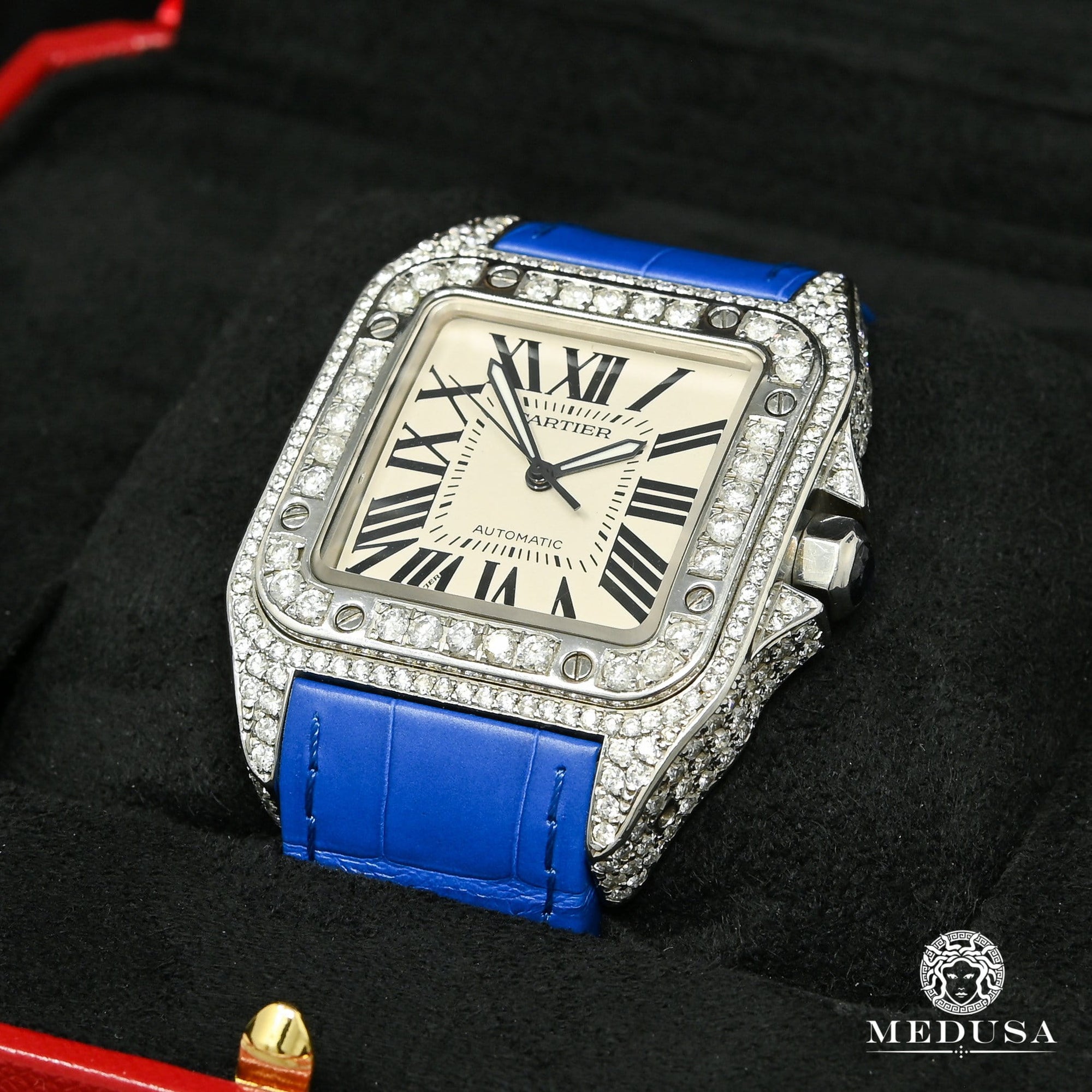 Cartier watch | Cartier Santos 100 Iced 40mm Men's Watch - Blue Crocodile Stainless