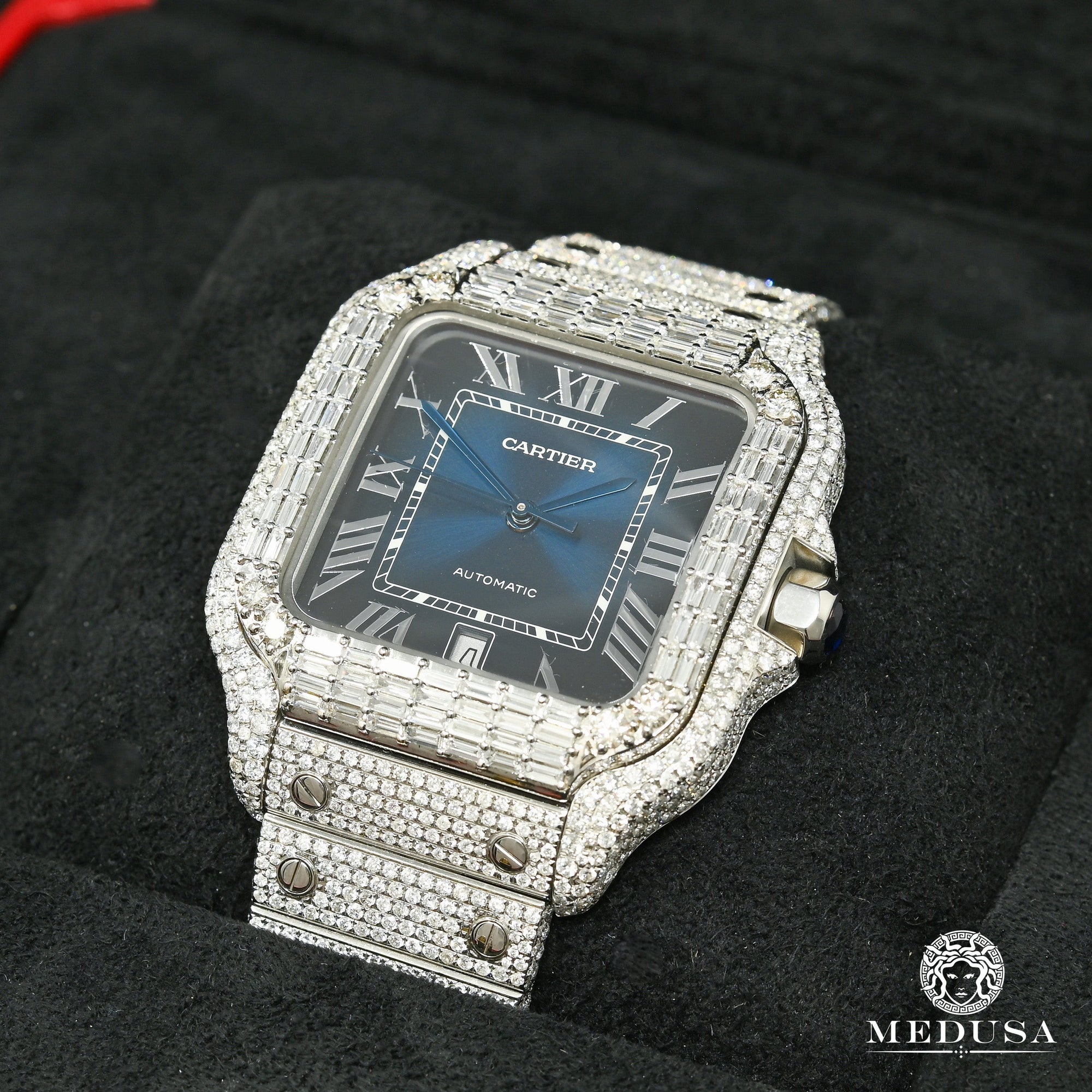 Montre Cartier | Montre Homme 40mm Cartier Santos 100 XL - Blue Emerald Full Iced Stainless