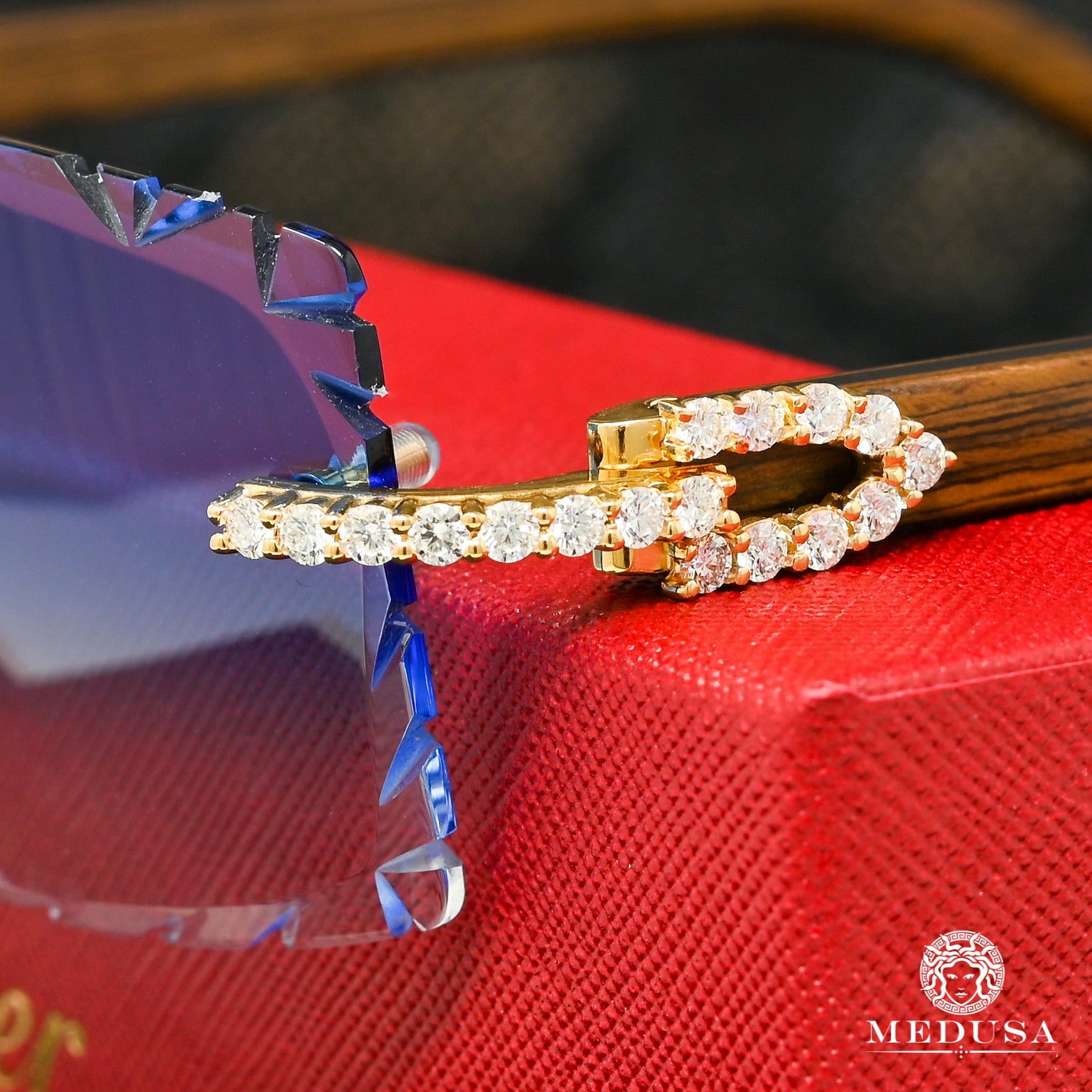 Cartier glasses | Cartier Signature C Men&#39;s Glasses | Wood &amp; Blue Diamond Cut Lenses Yellow Gold