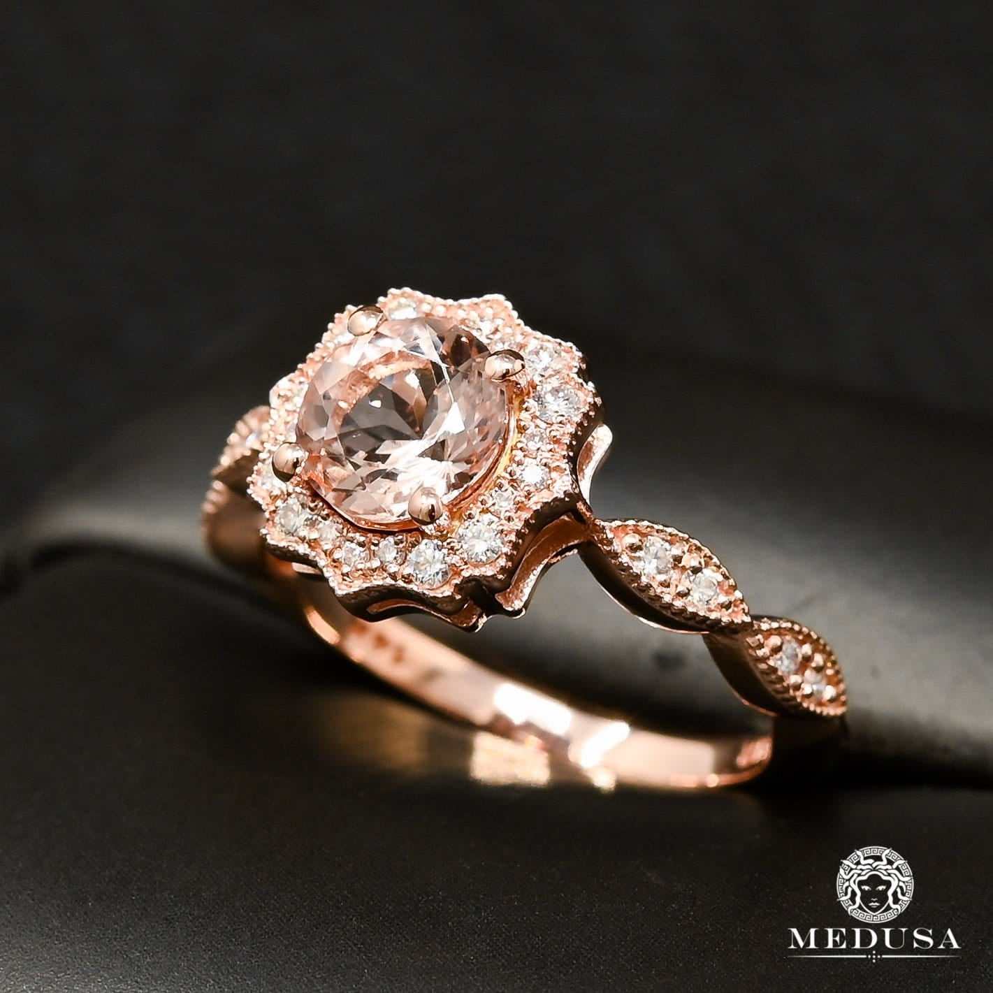 14K Gold Diamond Ring | Women's Ring Morganite D4 - Rose Gold Diamond