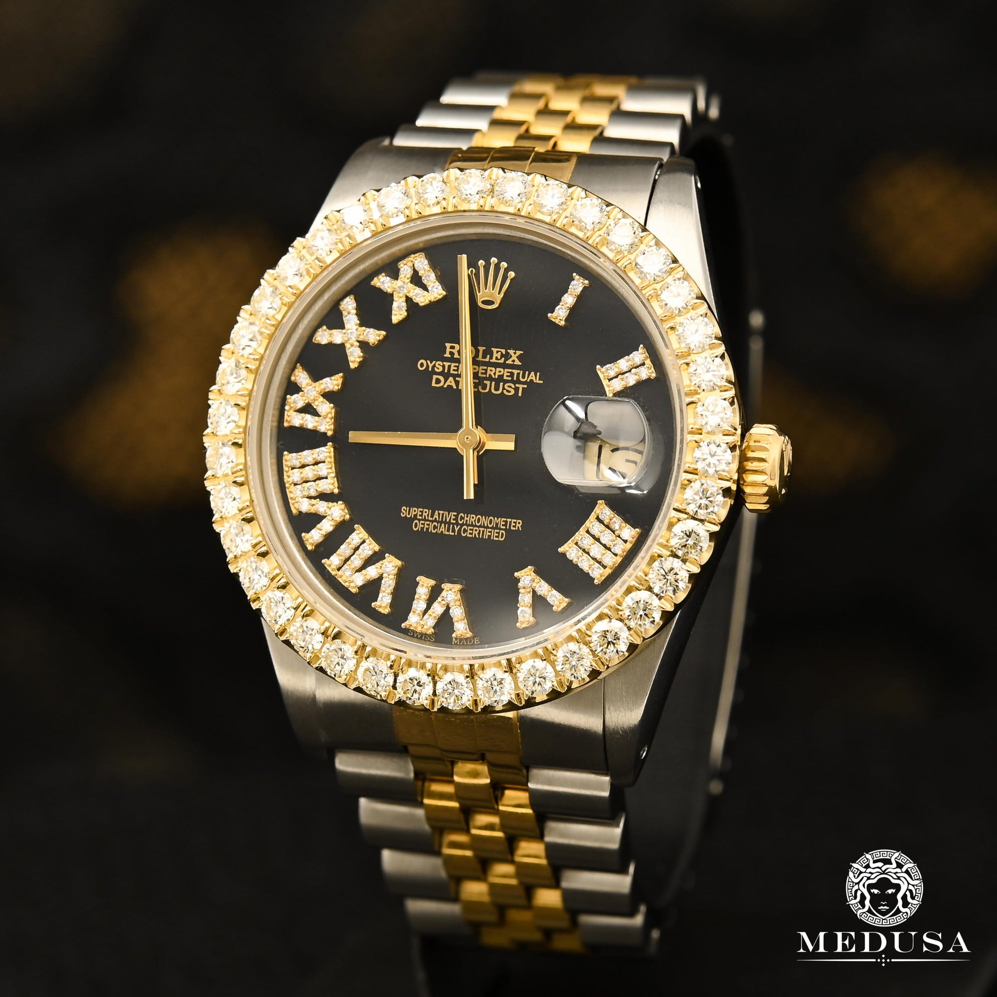 Montre Rolex | Montre Homme Rolex Datejust 36mm - Noir Chiffre Romain Or 2 Tons