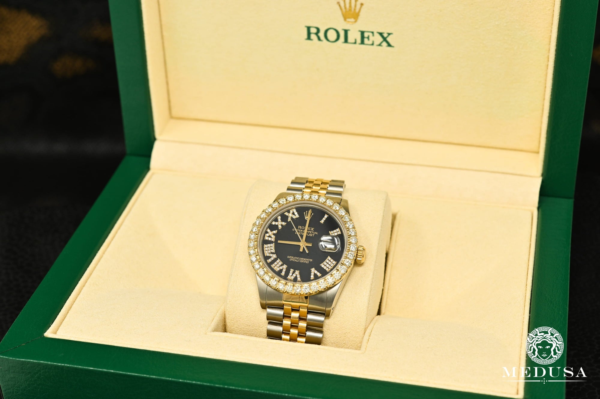 Montre Rolex | Montre Homme Rolex Datejust 36mm - Noir Chiffre Romain Or 2 Tons