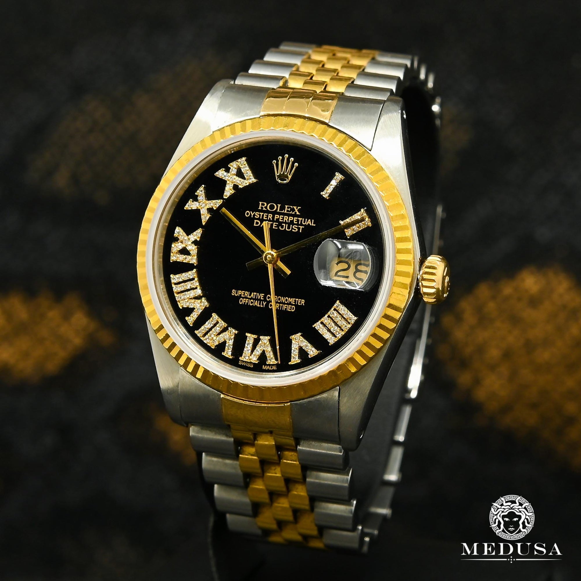 Montre Rolex | Montre Homme Rolex Datejust 36mm - Noir Romain Or 2 Tons