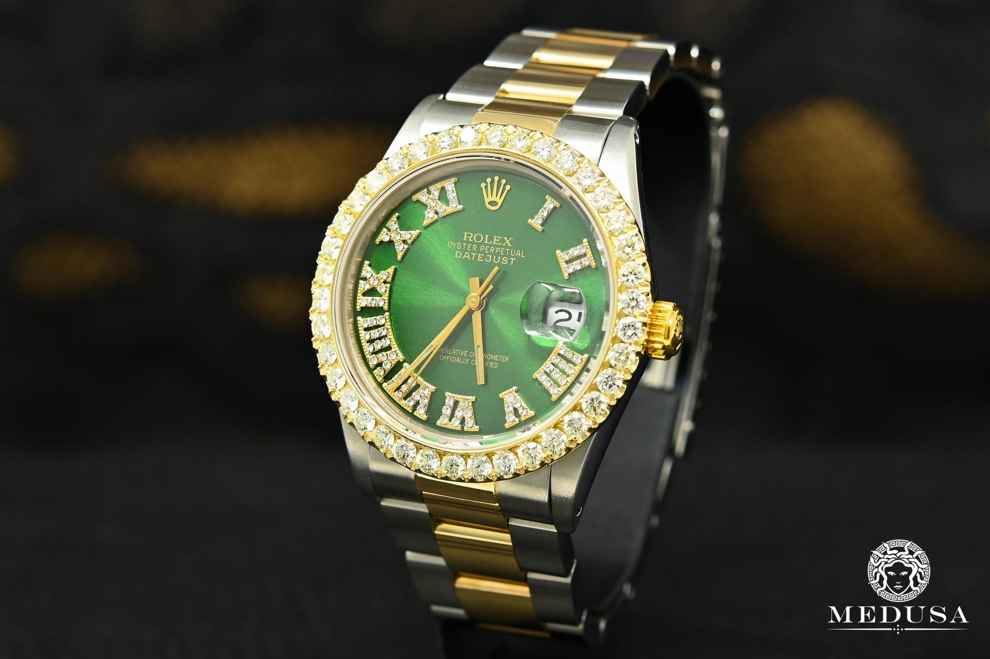 Montre Rolex | Montre Homme Rolex Datejust 36mm - Oyster Vert Romain Or 2 Tons