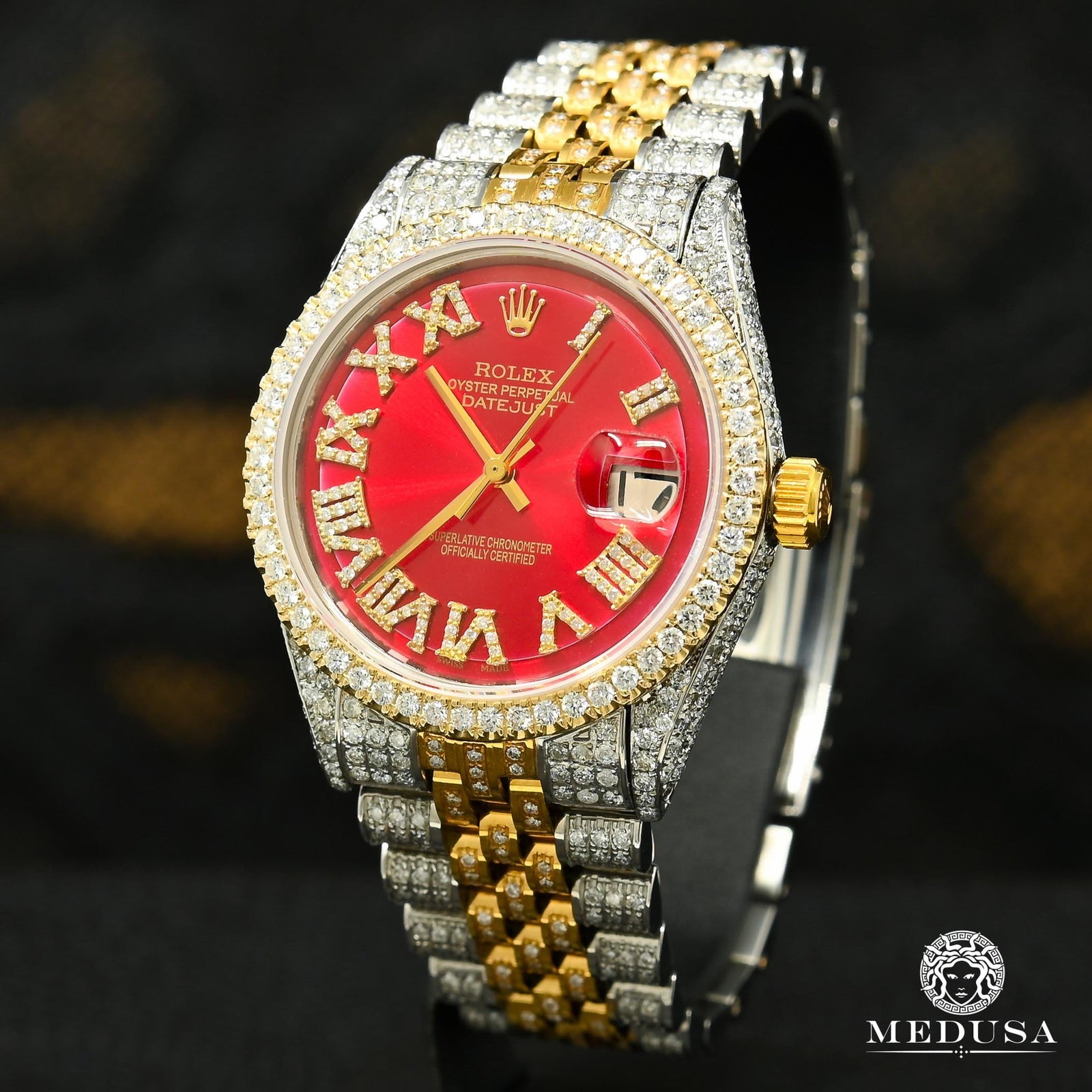 Rolex watch | Rolex Datejust 36mm Men's Watch - Red Iced Out Gold 2 Tones