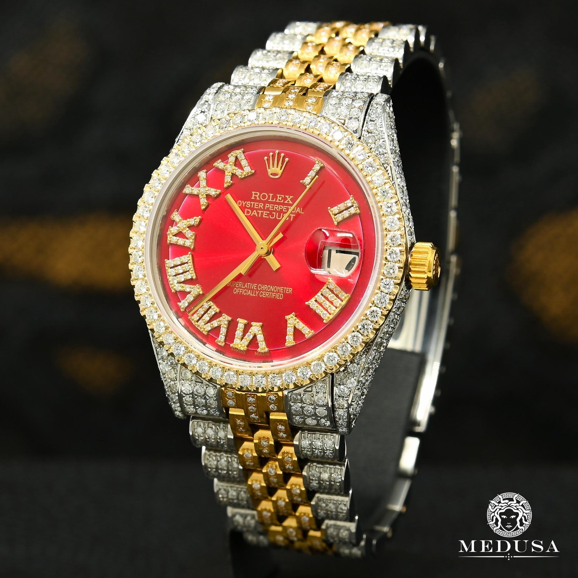 Rolex watch | Rolex Datejust 36mm Men's Watch - Red Iced Out Gold 2 Tones