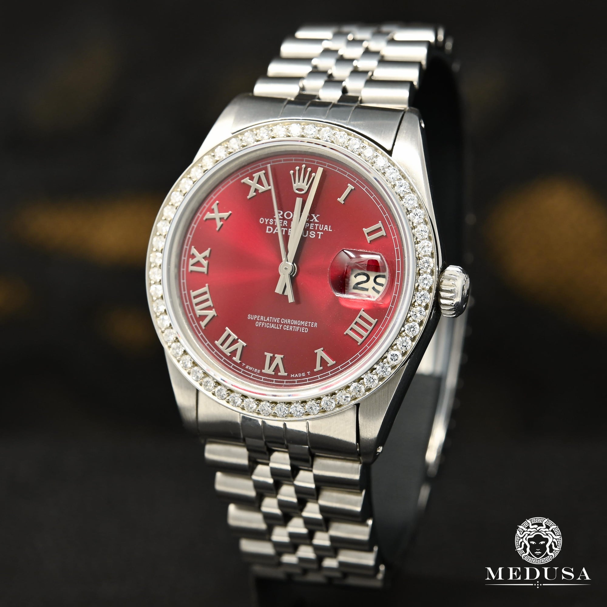 Rolex watch | Rolex Datejust 36mm Men's Watch - Red Classic Roman Iced Stainless