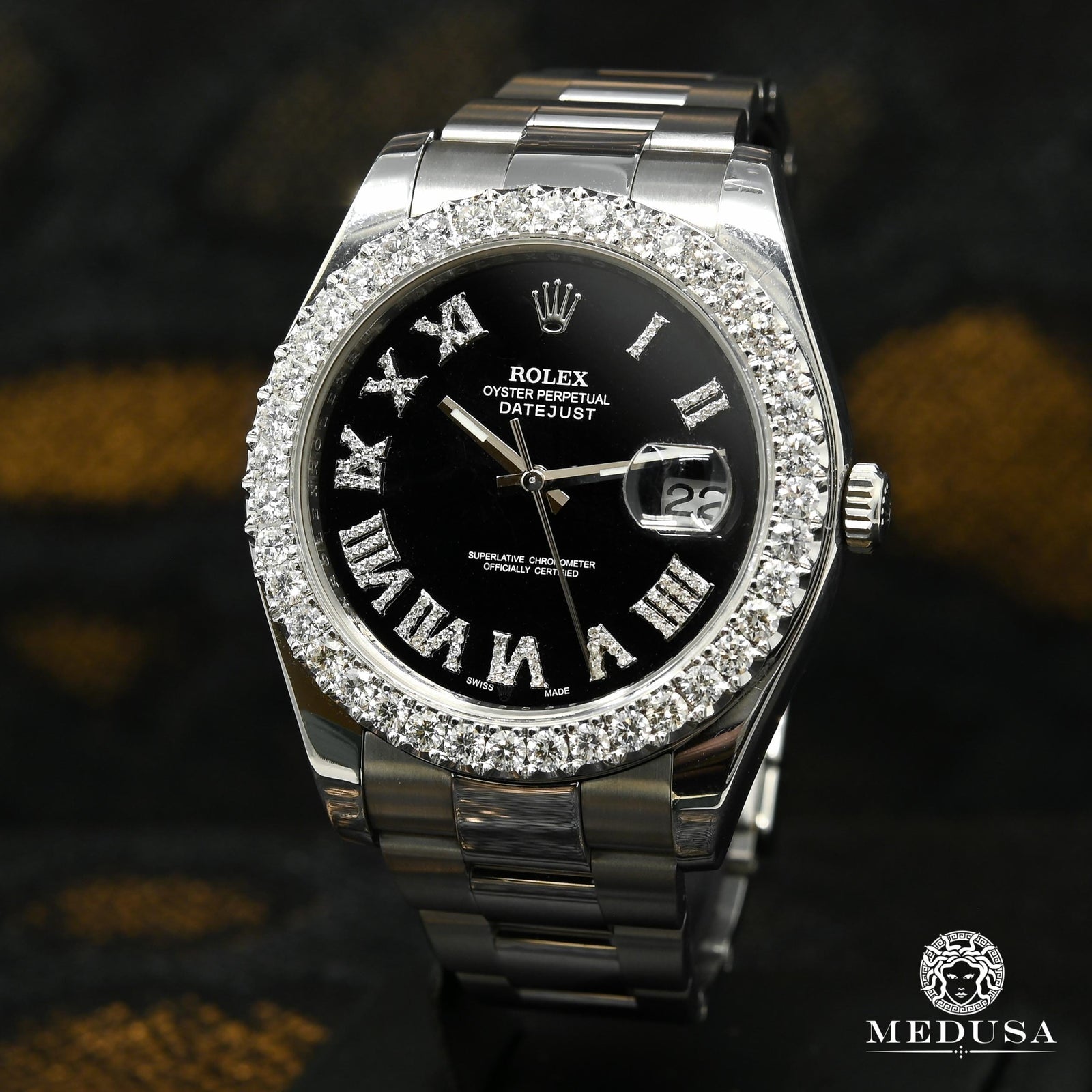 Montre Rolex | Montre Homme Rolex Datejust 41mm - Black Romain Iced Stainless