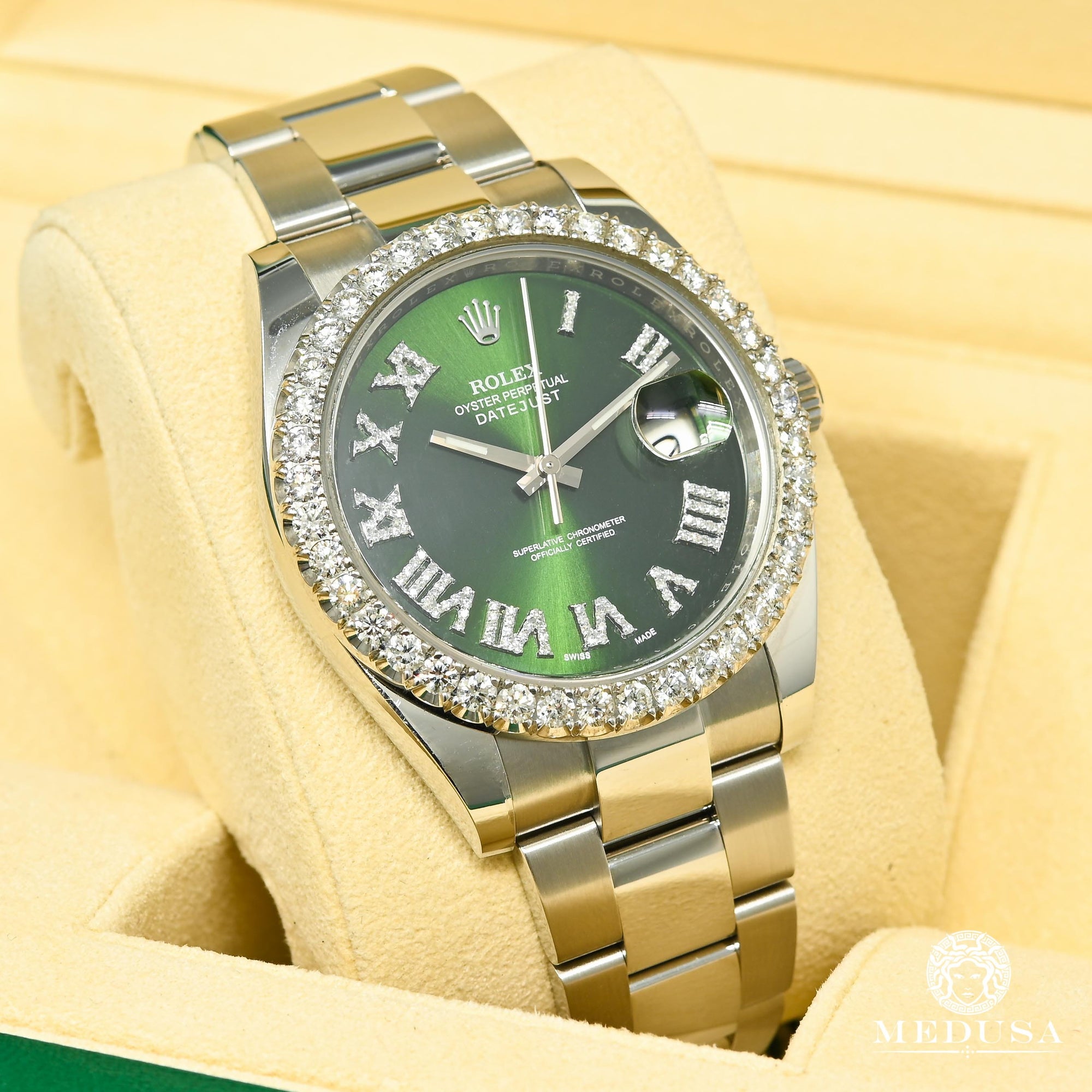 Montre Rolex | Montre Homme Rolex Datejust 41mm - Green Romain Iced Stainless