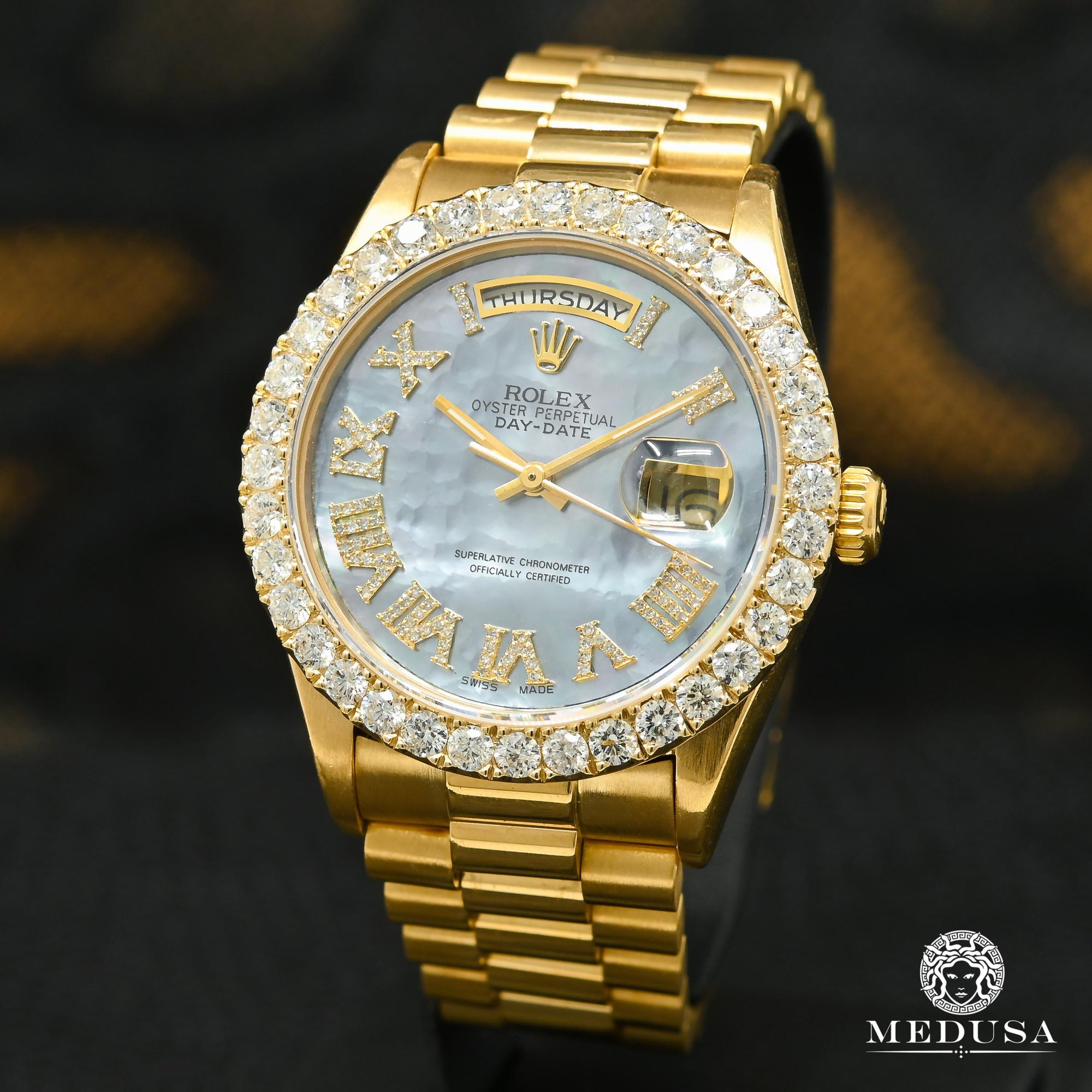 Montre Rolex | Montre Homme Rolex Day-Date 36mm - Cyan ’’Mother Of Pearl’’ Romain / Or Jaune