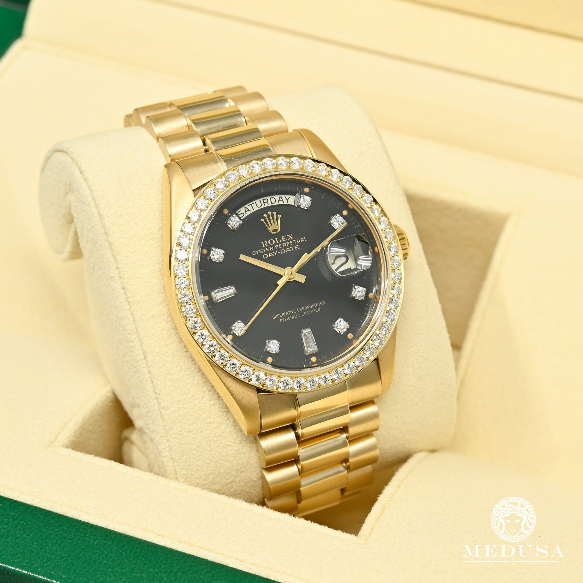 Montre Rolex | Montre Homme Rolex President Day-Date 36mm - Baguette Noir Small Bezel Baguette / Or Jaune