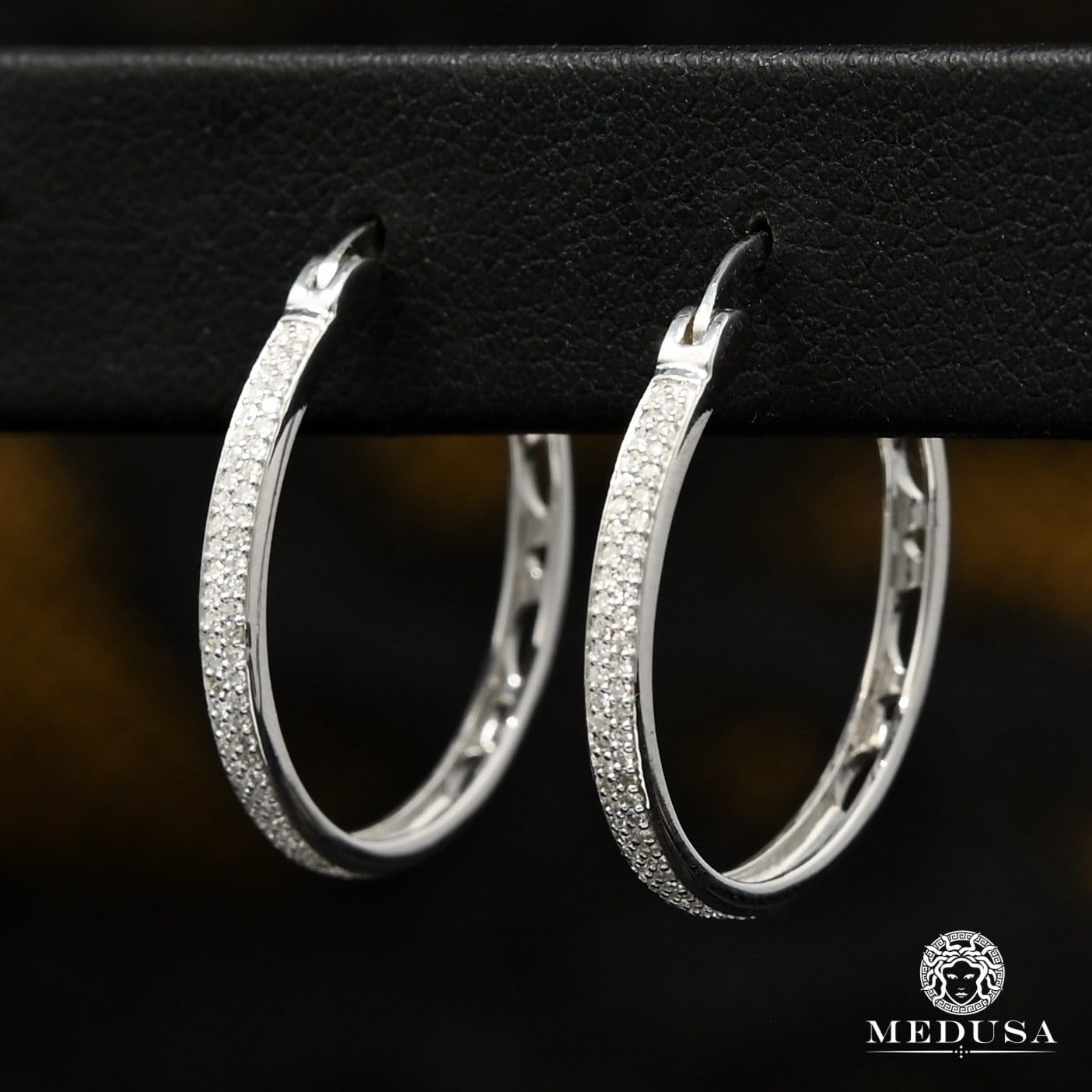 10K Gold Diamond Hoops | Round D4 Earrings - White Gold Diamond / 23mm