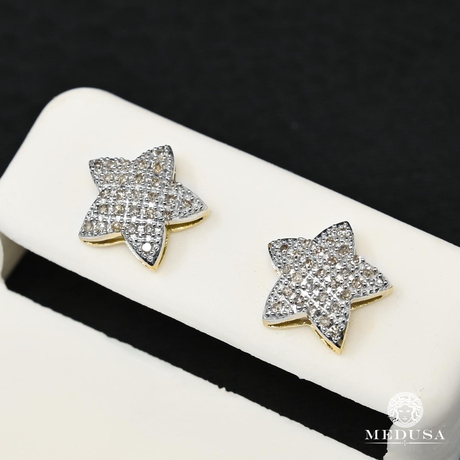 10K Gold Diamond Studs | D6 Stud Earrings - 10mm Diamond / 2 Tone Gold